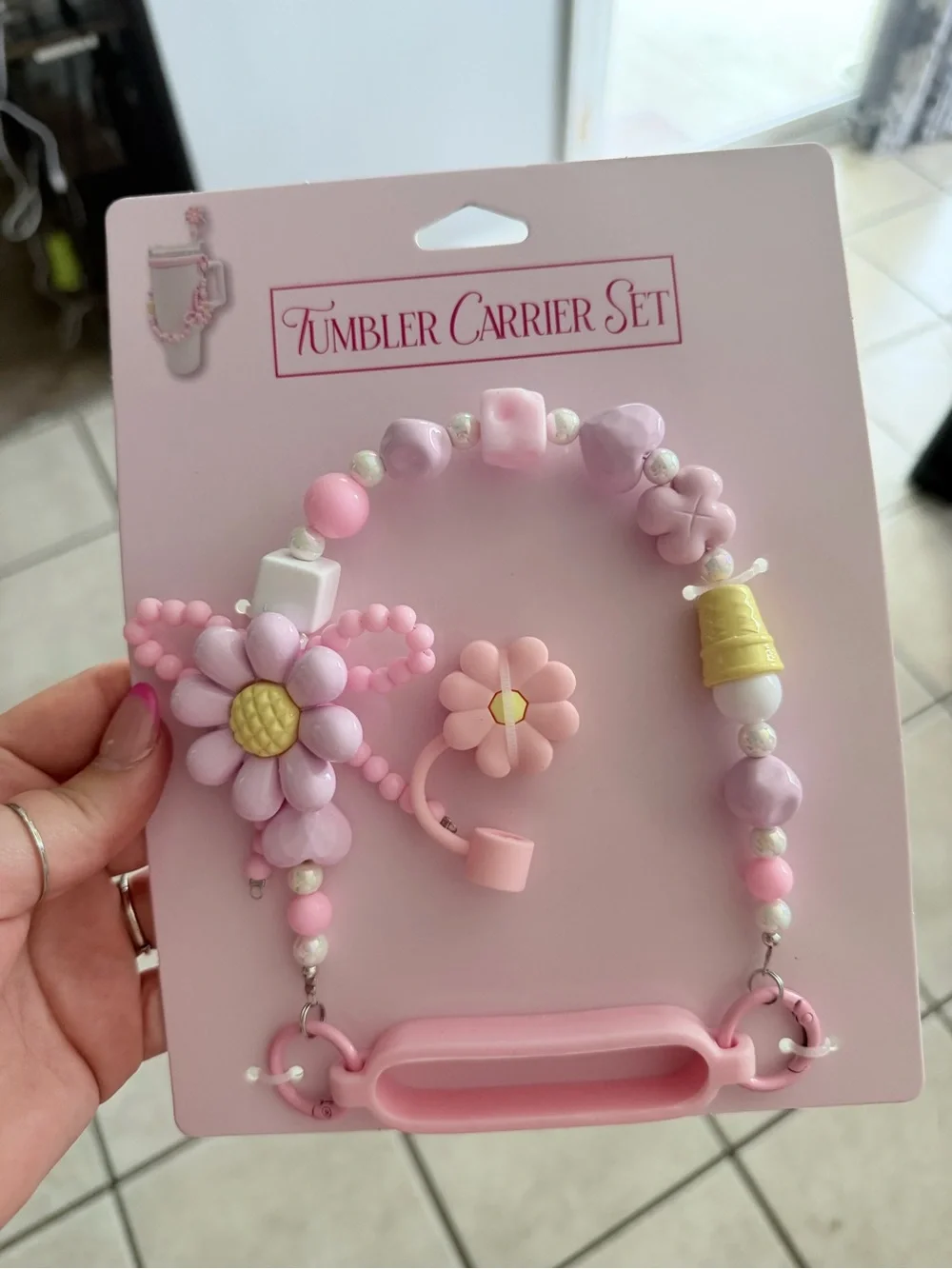 Beaded Tumbler Handle and Straw Topper – Pink